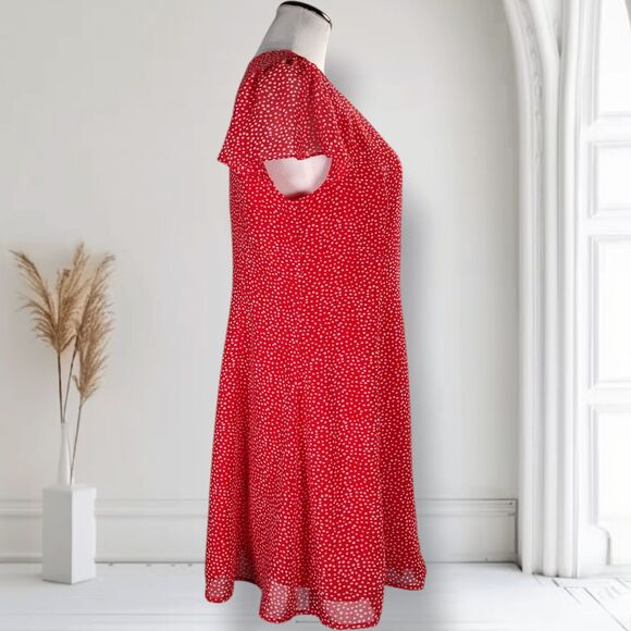 Aqua Button Front Mini Dress Size L Polka Dot Fit Flare Skater Flutter Sleeve - Picture 6 of 14